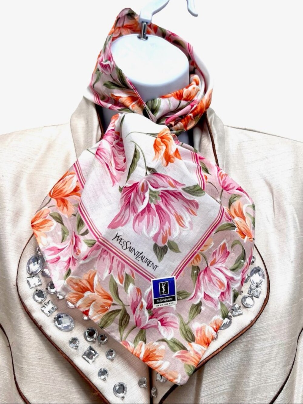 New W/Tag Yvest Saint Laurent  Mini Scarf handker19" cotton peach pink floral(95